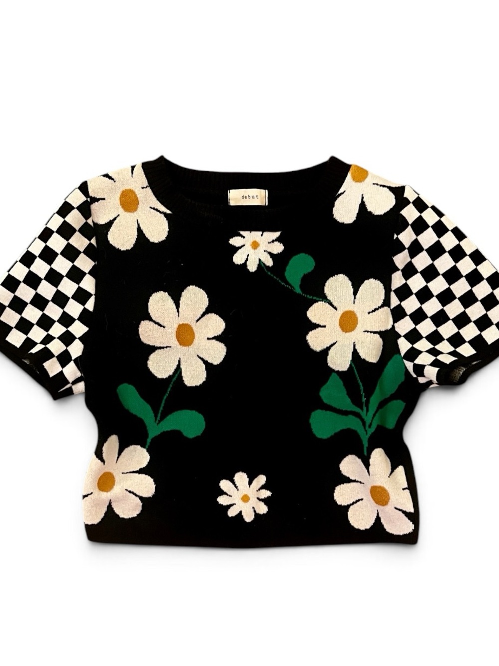 debut Black sweater Tee with Checkered Sleeves